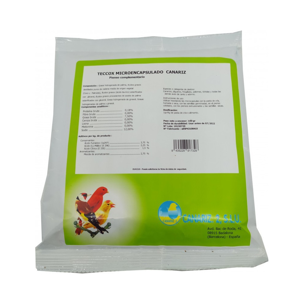 Teccox para Aves CANARIZ Anticodicios Natural en Polvo Microencapsulado 250 gr